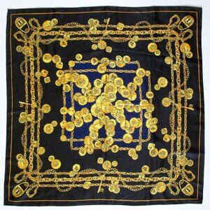 Vintage Franklin Mint Women's Scarf Black & Blue Coins Locks Chains 35" Square